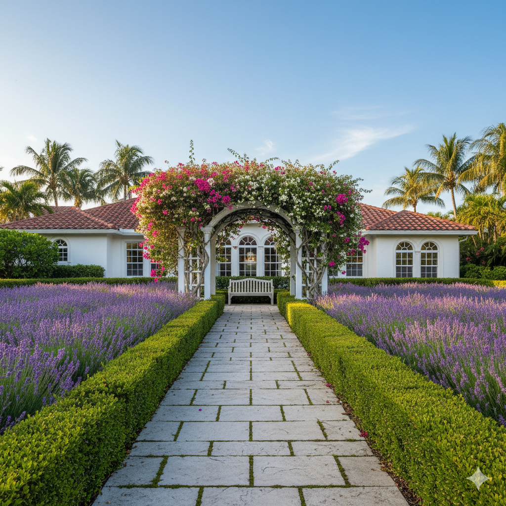 A wide stone path bordered by neatly trimmed hedges and rows of purple lavender, leading to a garden bench beneath an arched trellis.