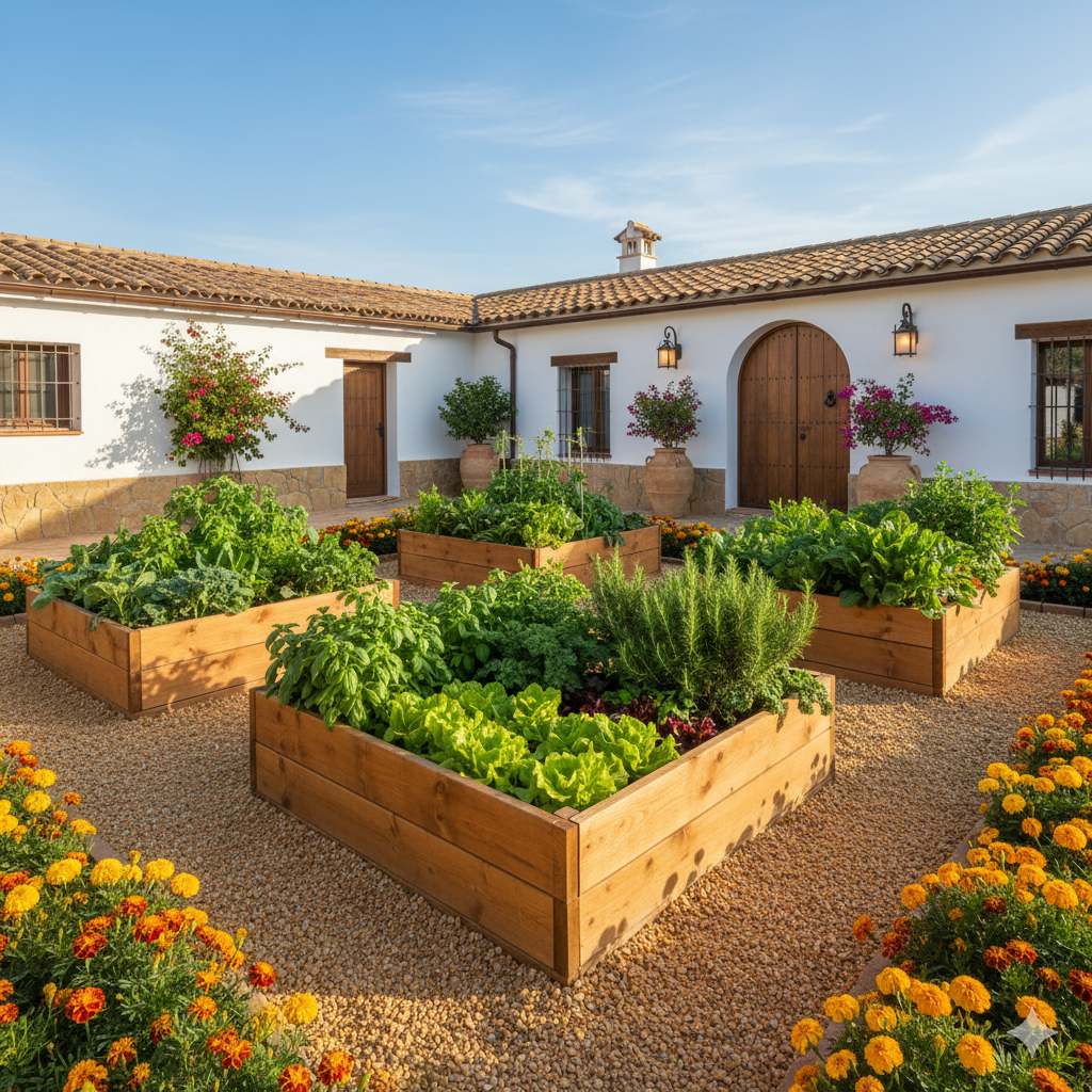 Now create "Image: A neat vegetable garden featuring three wooden raised beds filled with greens and herbs, bordered by a gravel path and surrounded by flowering marigolds." Spain home style