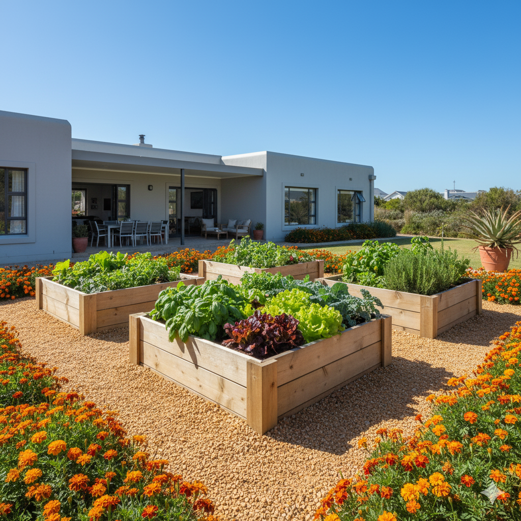 Now create "Image: A neat vegetable garden featuring three wooden raised beds filled with greens and herbs, bordered by a gravel path and surrounded by flowering marigolds." Spain home style