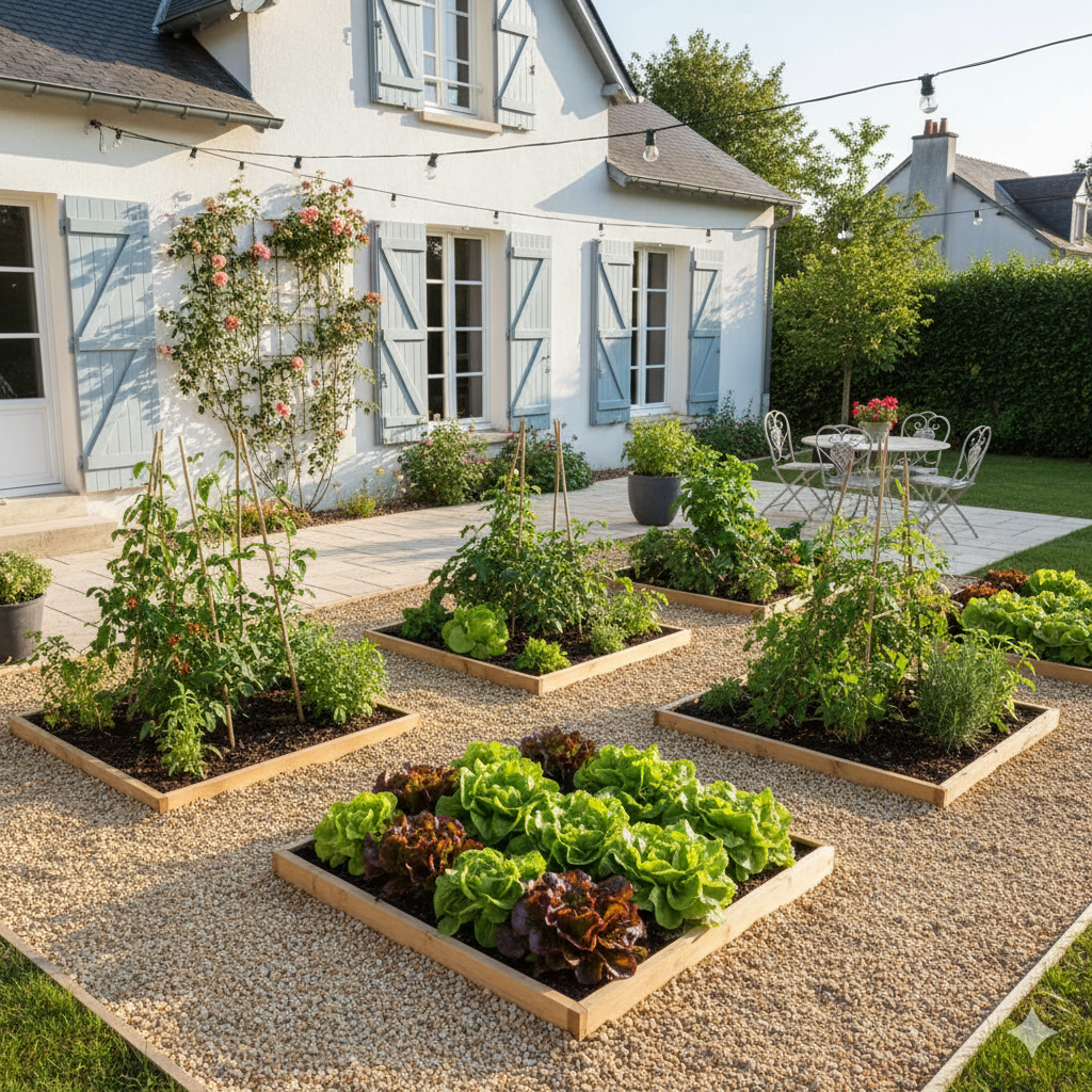 A square-foot garden divided into tidy sections, with tomatoes, lettuce, and herbs growing in a balanced pattern, framed by wooden edging and gravel paths.