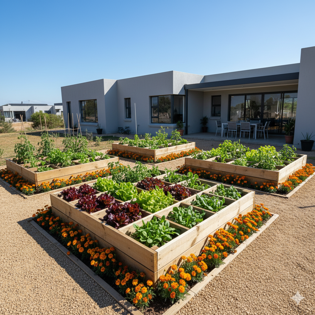 A square-foot garden divided into tidy sections, with tomatoes, lettuce, and herbs growing in a balanced pattern, framed by wooden edging and gravel paths.