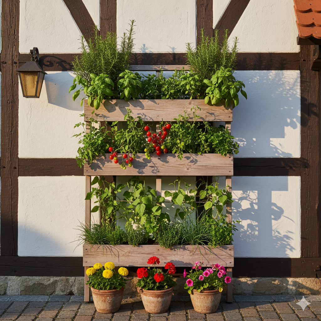 A sunny wall garden with vertical planters filled with green beans, cherry tomatoes, and herbs growing in tiers, with small pots of flowers below.