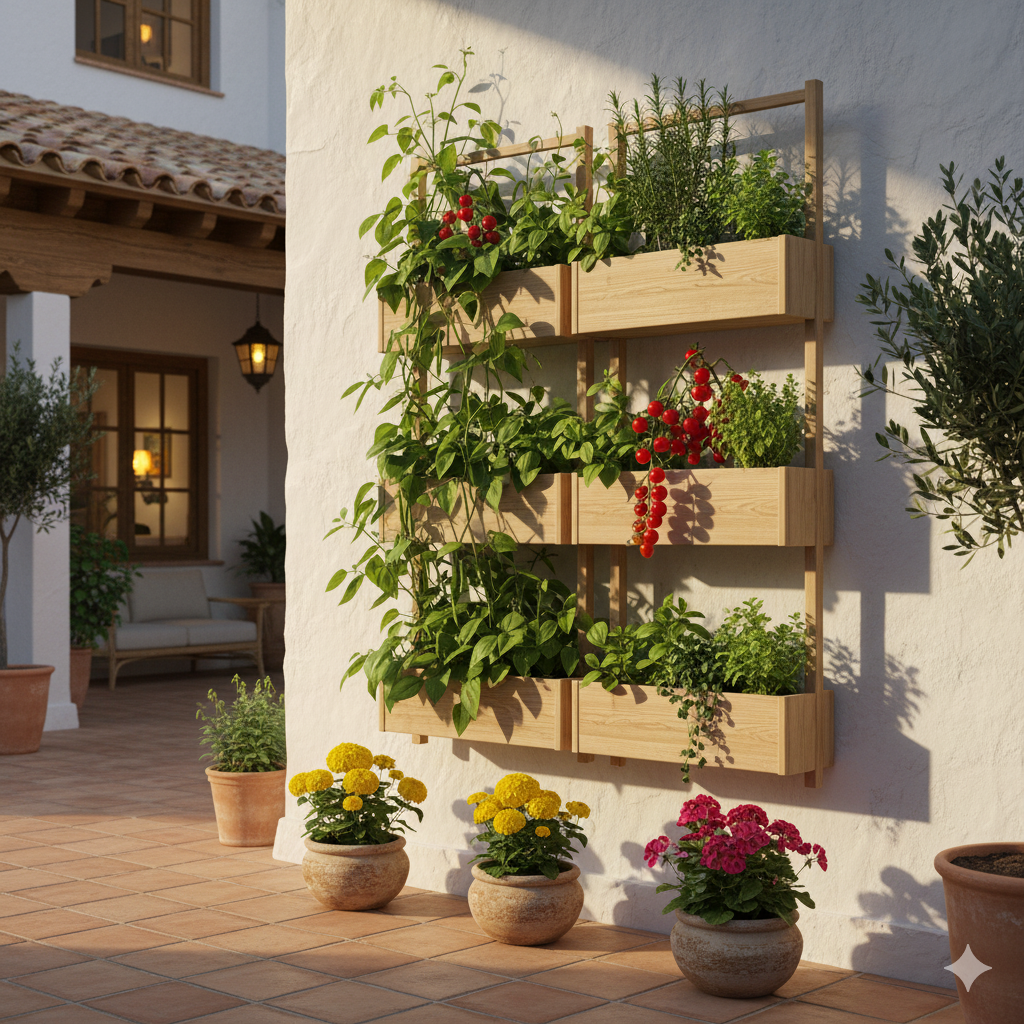 A sunny wall garden with vertical planters filled with green beans, cherry tomatoes, and herbs growing in tiers, with small pots of flowers below.