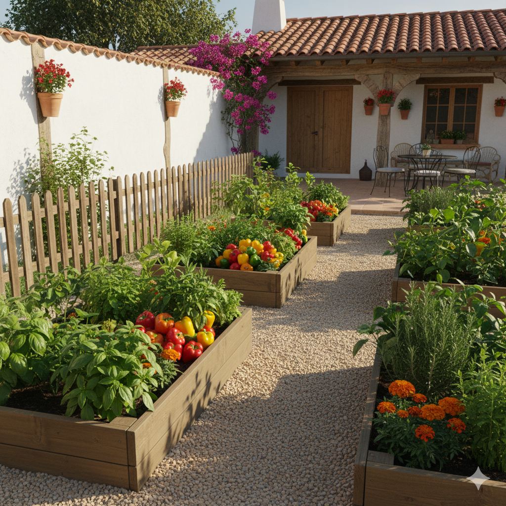 A vibrant kitchen garden beside a patio, filled with herbs, peppers, and marigolds in raised beds, bordered by a small gravel path and wooden fence.