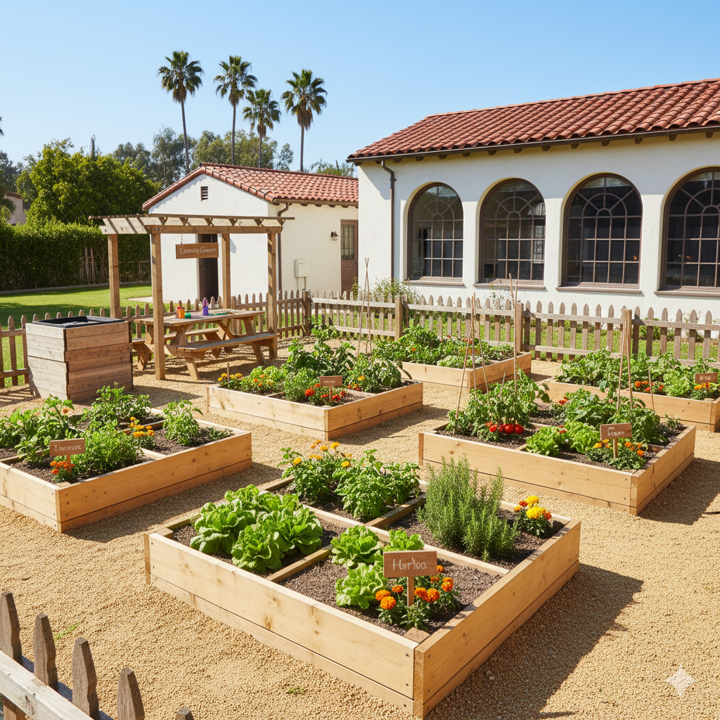 A cheerful school garden divided into sections with wooden signs, raised beds of vegetables, a compost bin in one corner, and a picnic bench for learning.