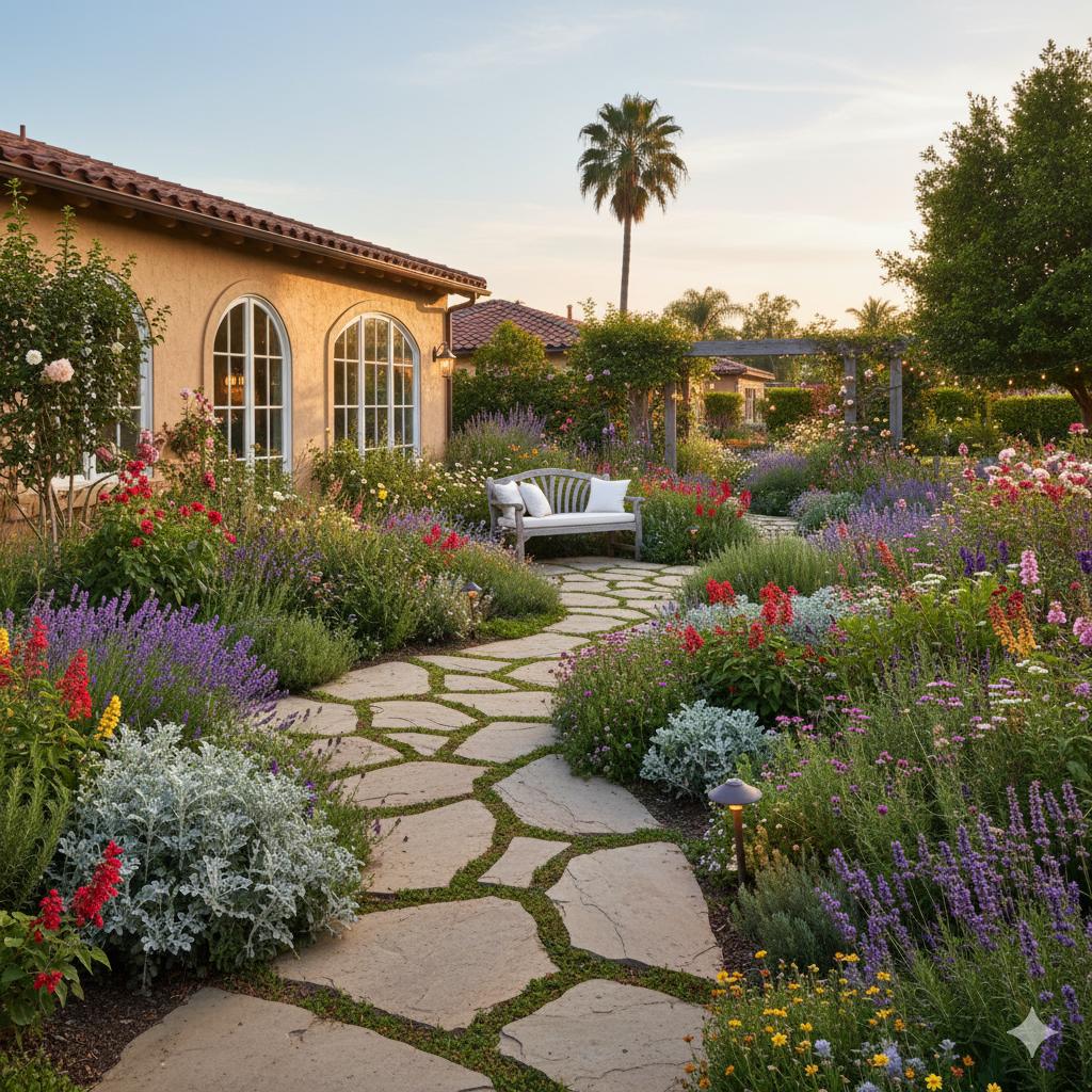 A lush backyard garden featuring curved flower beds, a small wooden bench, and a stone path leading through mixed perennials and herbs.