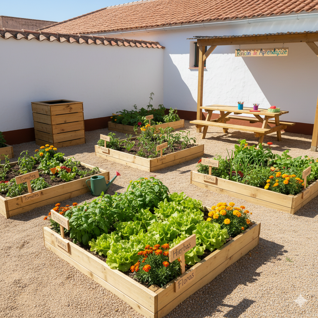 A cheerful school garden divided into sections with wooden signs, raised beds of vegetables, a compost bin in one corner, and a picnic bench for learning.