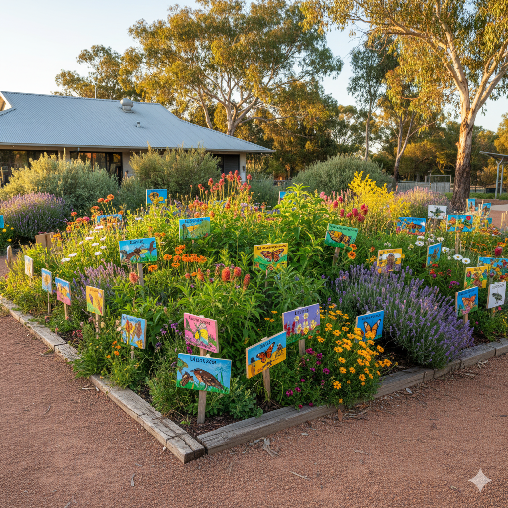 A bright butterfly garden filled with wildflowers, milkweed, and lavender, surrounded by wooden signs showing local pollinator species.