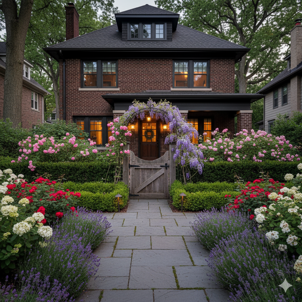 A rustic wooden gate framed by flowering vines and a stone path leading into a lush green garden filled with roses and lavender.