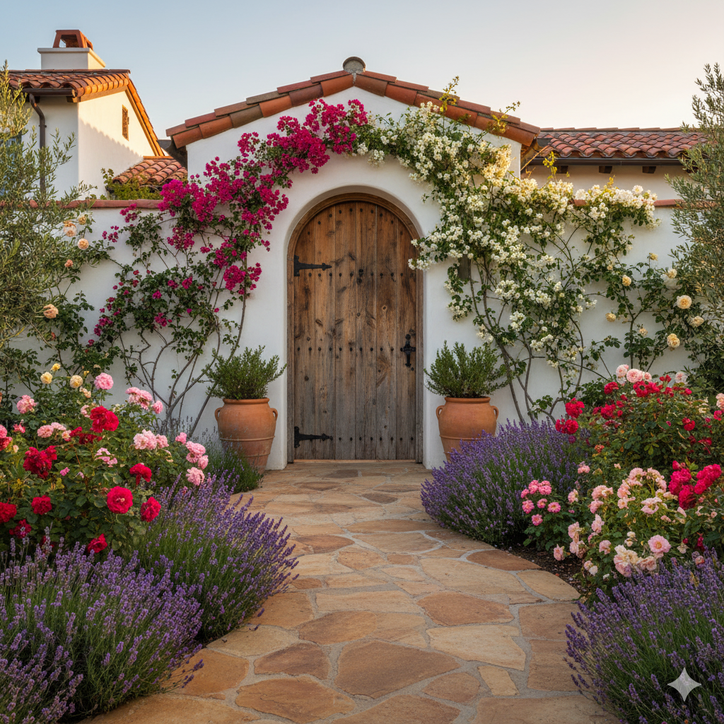 A rustic wooden gate framed by flowering vines and a stone path leading into a lush green garden filled with roses and lavender.