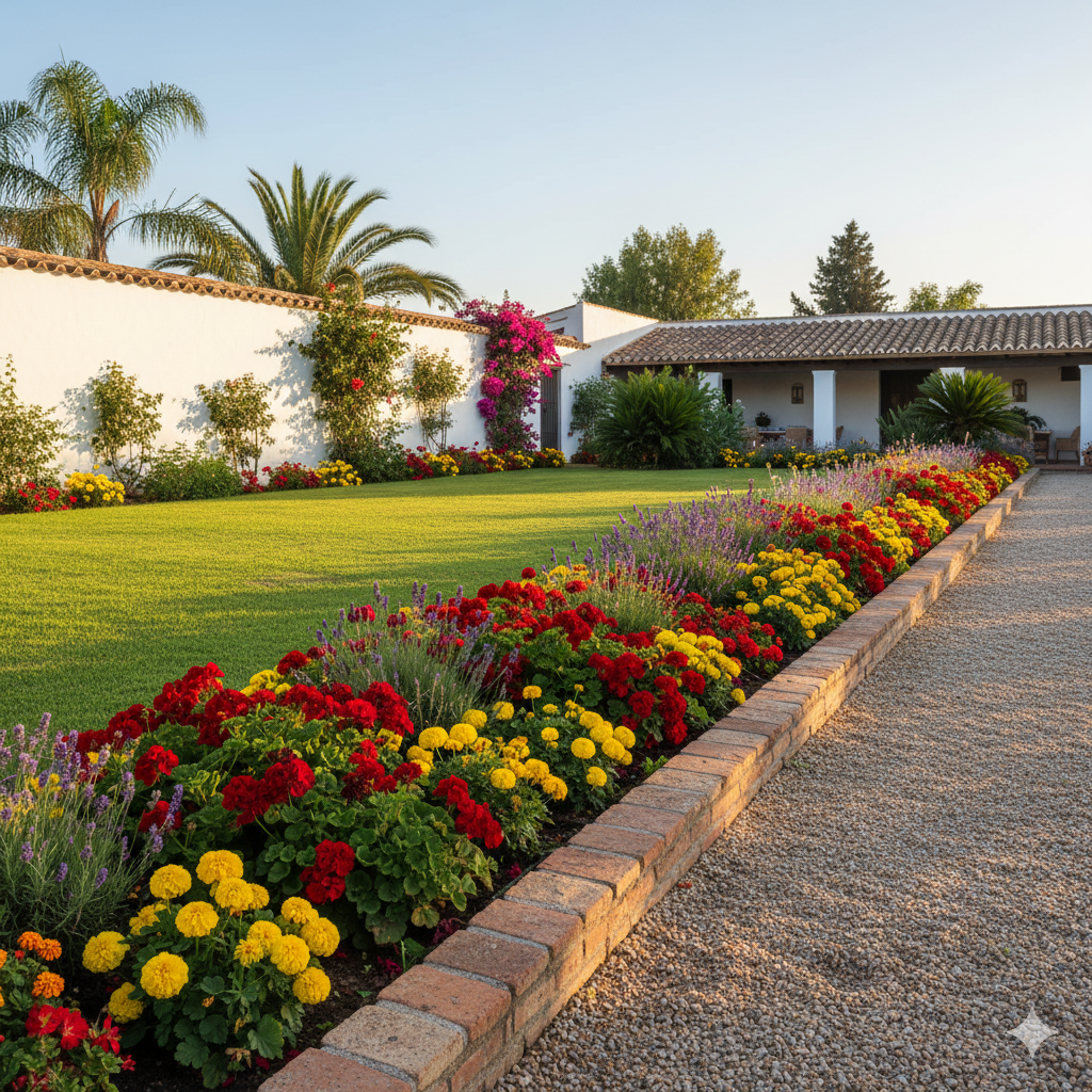 A flowerbed lined with red brick borders and filled with colorful blooms, separating a lush green lawn from a gravel pathway under soft sunlight.