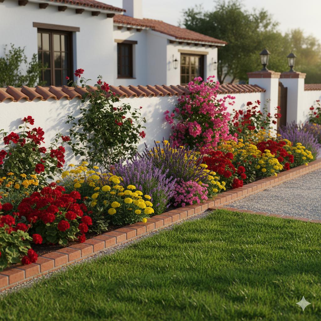 A flowerbed lined with red brick borders and filled with colorful blooms, separating a lush green lawn from a gravel pathway under soft sunlight.