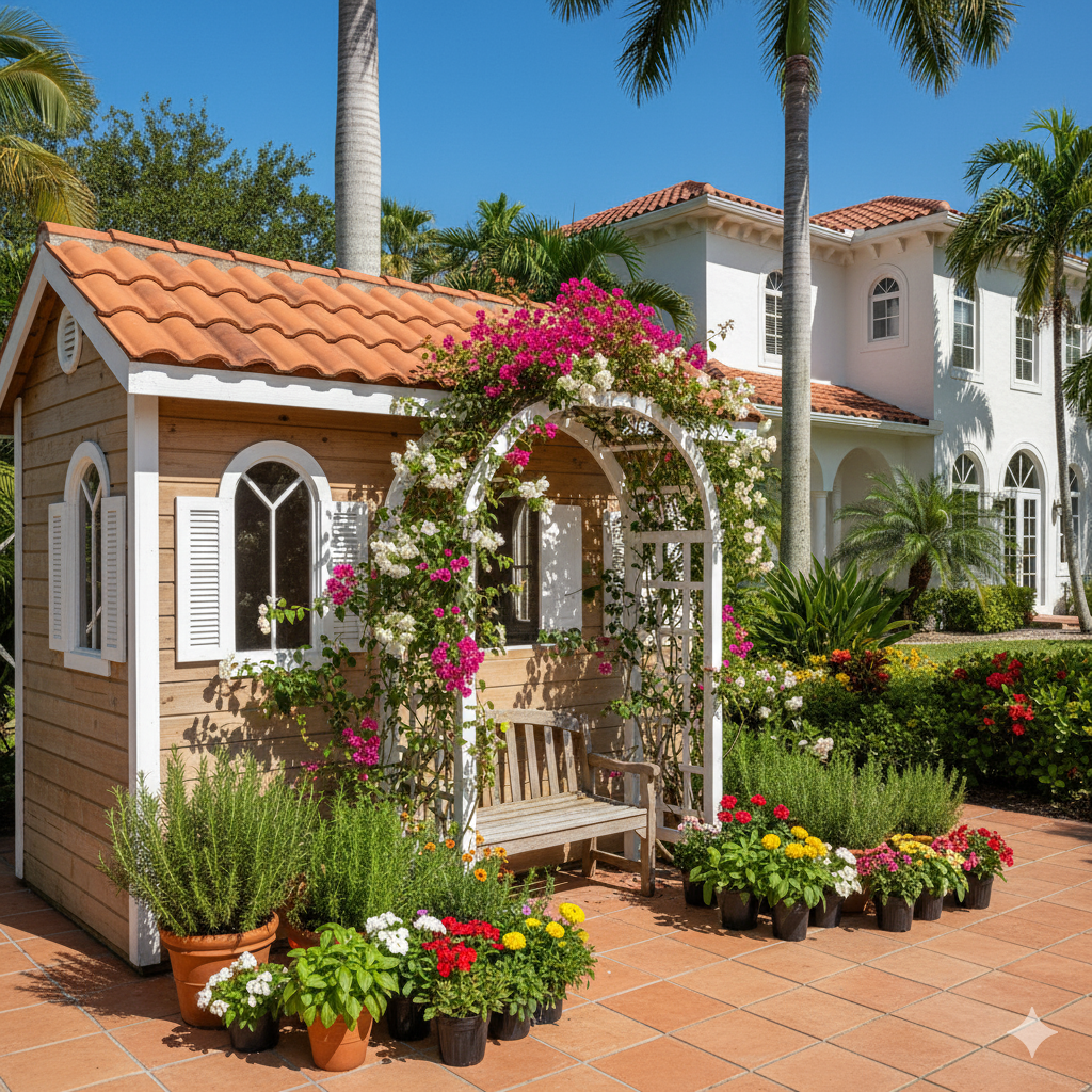 A charming wooden garden shed with white trim, surrounded by blooming flowers, potted herbs, and a small bench under a climbing rose arch.