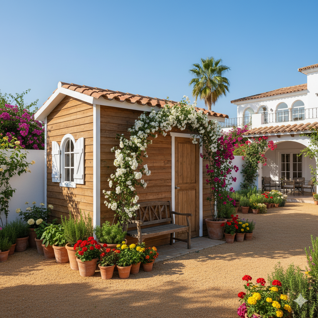 A charming wooden garden shed with white trim, surrounded by blooming flowers, potted herbs, and a small bench under a climbing rose arch.