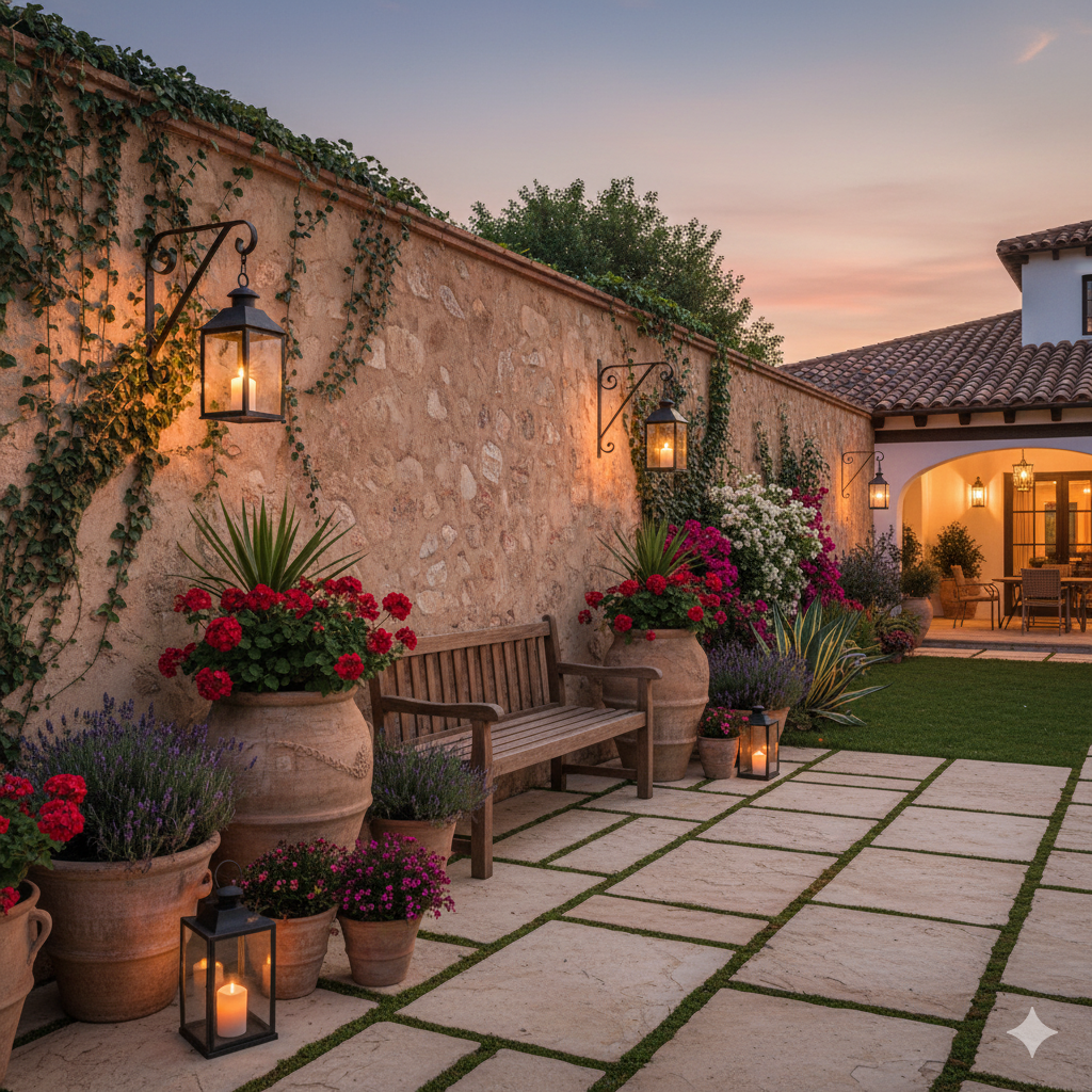 A stone garden wall with trailing ivy and a built-in wooden bench, surrounded by potted plants and hanging lanterns for evening relaxation.