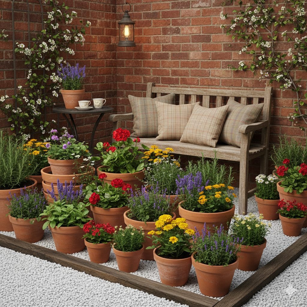 A small patio corner filled with layered terracotta pots of herbs and flowers, surrounded by white gravel and a rustic wooden bench for seating.