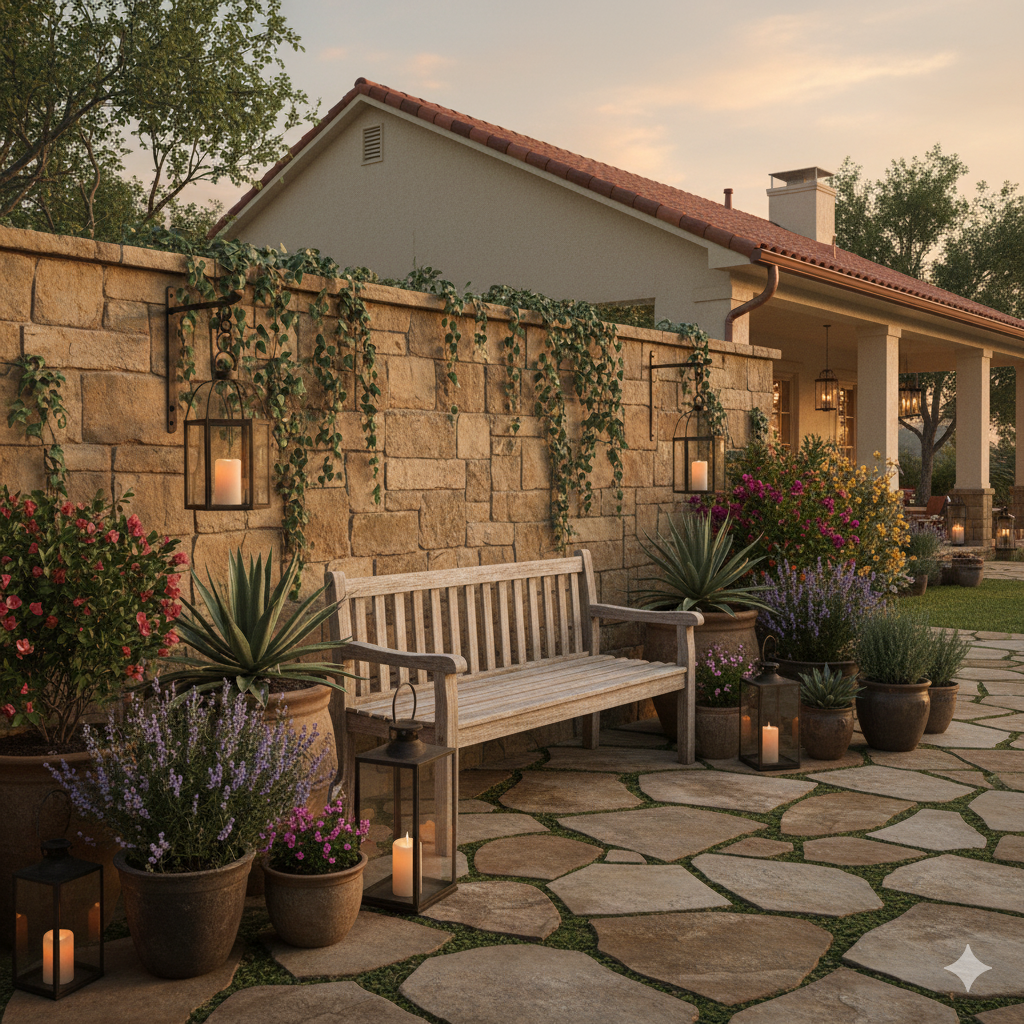 A stone garden wall with trailing ivy and a built-in wooden bench, surrounded by potted plants and hanging lanterns for evening relaxation.
