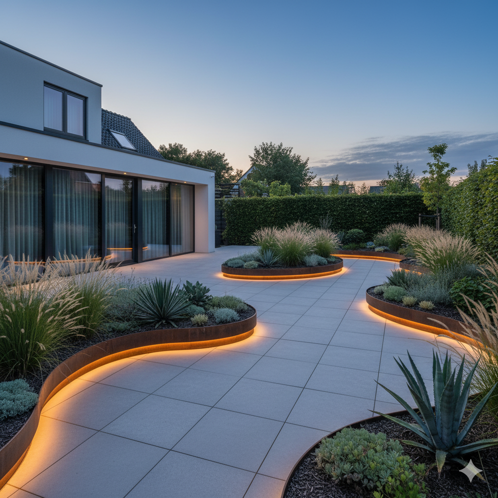 A contemporary garden with curved steel-edged beds filled with ornamental grasses and succulents, softly lit from below to emphasize the flowing shapes at dusk.