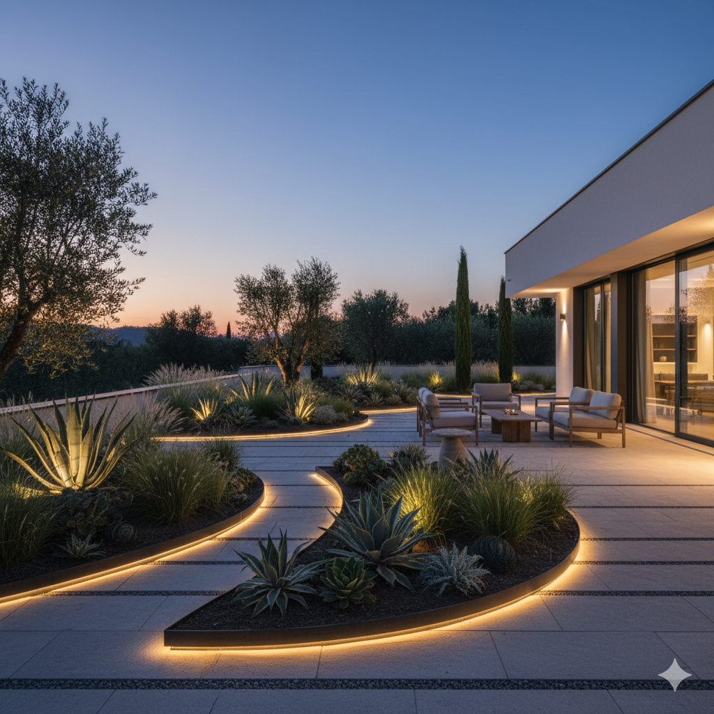 A contemporary garden with curved steel-edged beds filled with ornamental grasses and succulents, softly lit from below to emphasize the flowing shapes at dusk.