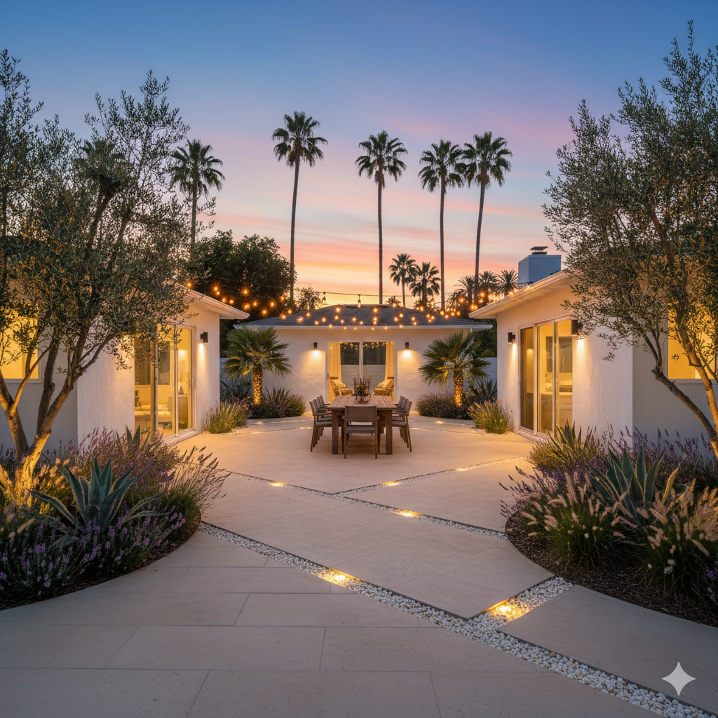 A modern backyard with wide stone pathways lit by soft LED lights, uplighting on trees, and hanging string lights over a dining table, creating a calm evening atmosphere.