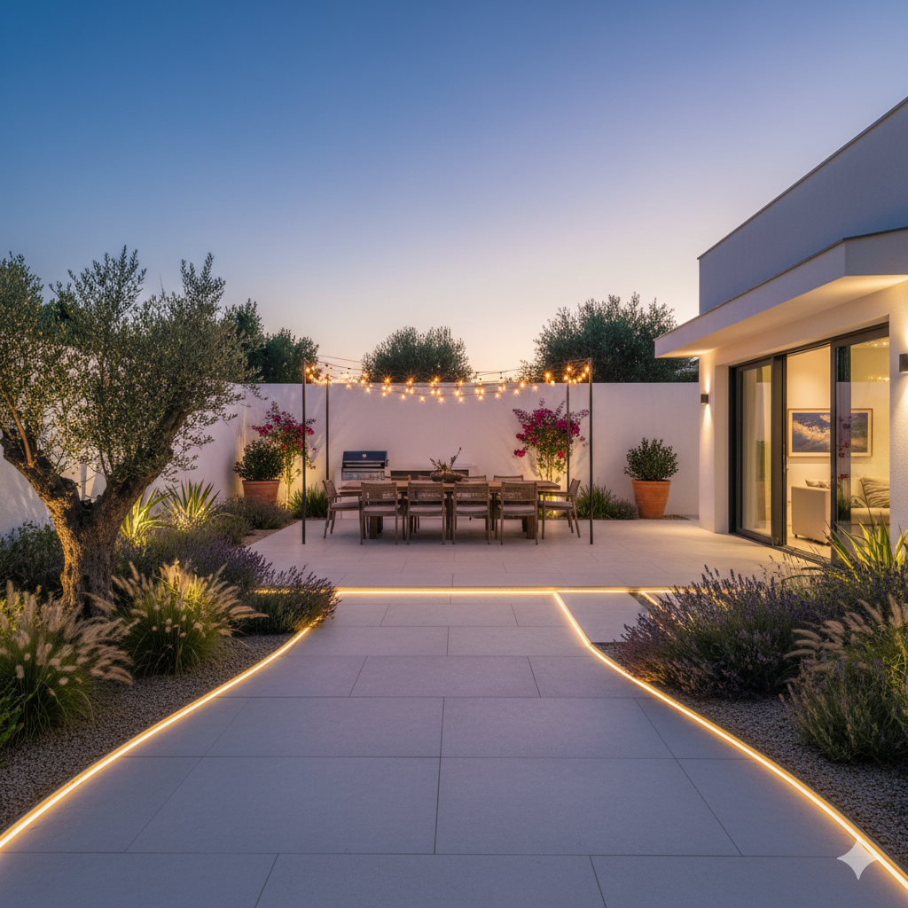 A modern backyard with wide stone pathways lit by soft LED lights, uplighting on trees, and hanging string lights over a dining table, creating a calm evening atmosphere.