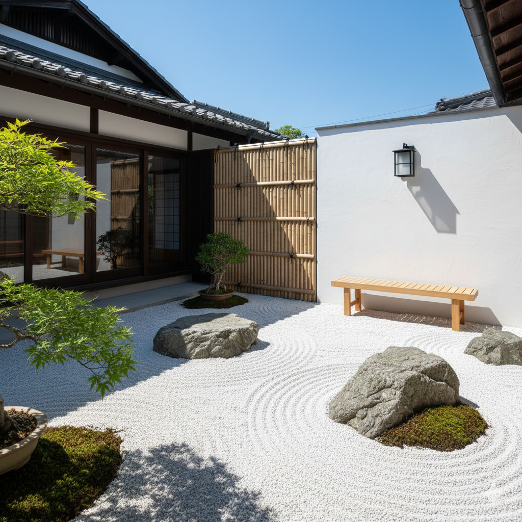 A minimalist Zen garden featuring smooth gravel raked in waves around large stones, with a bamboo fence, a wooden bench, and soft lantern light at twilight.