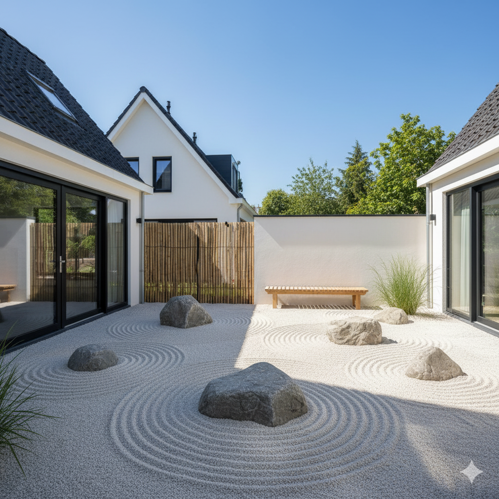 A minimalist Zen garden featuring smooth gravel raked in waves around large stones, with a bamboo fence, a wooden bench, and soft lantern light at twilight.