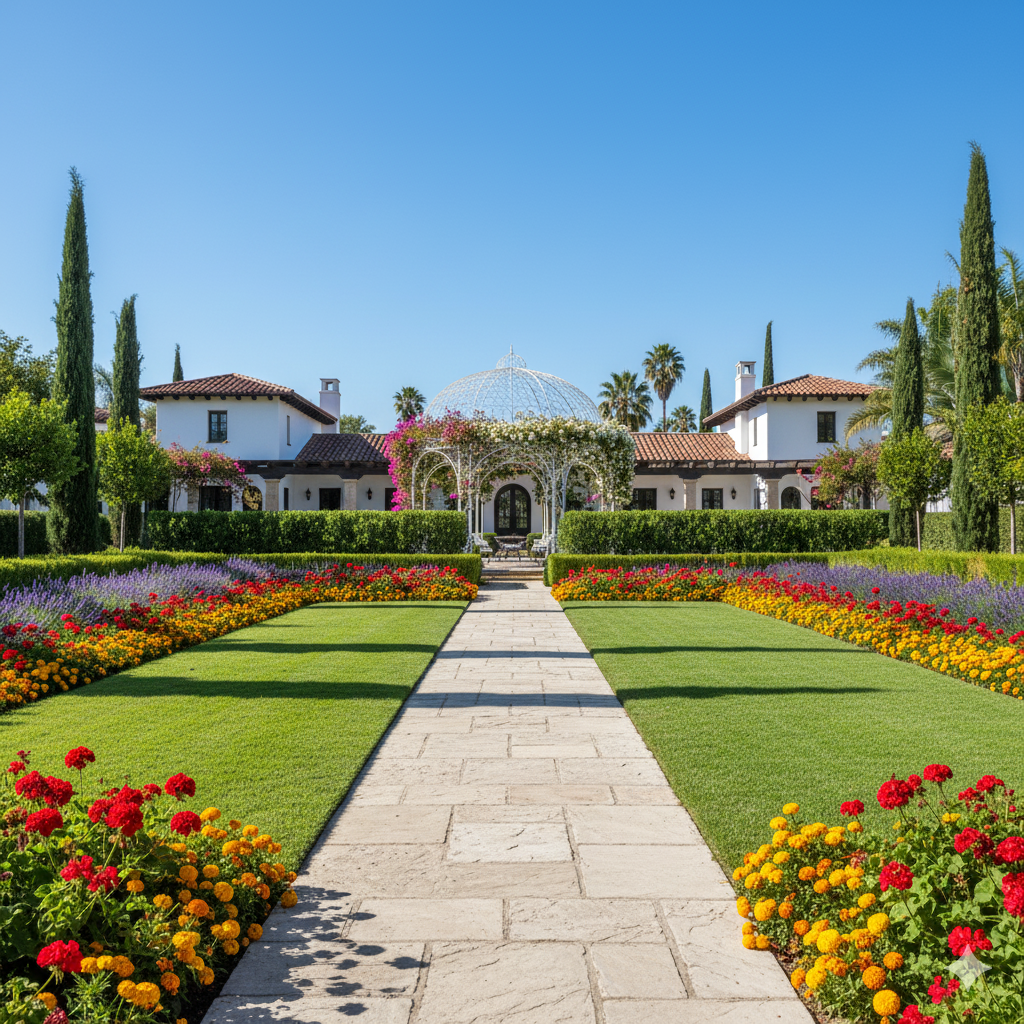 A wide, open lawn framed by colorful flower borders and tall trees, with a central stone path leading to a white garden gazebo under a clear blue sky.