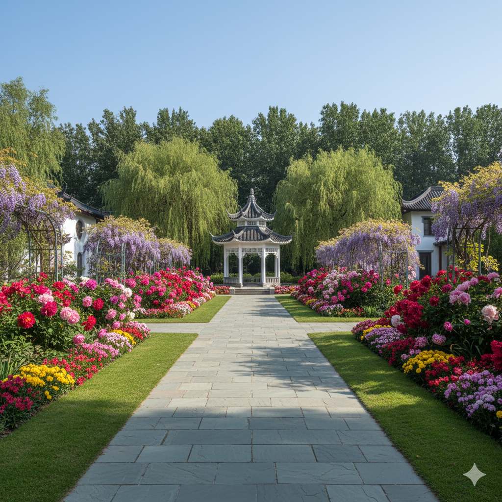 A wide, open lawn framed by colorful flower borders and tall trees, with a central stone path leading to a white garden gazebo under a clear blue sky.