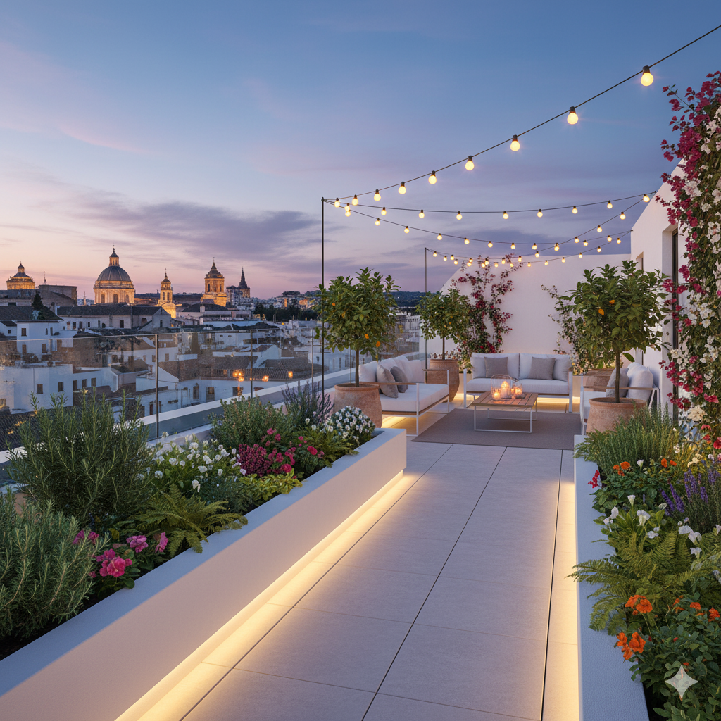 A lush rooftop garden with raised planters, cozy outdoor seating, and string lights, surrounded by herbs, ferns, and small flowering plants overlooking the city.