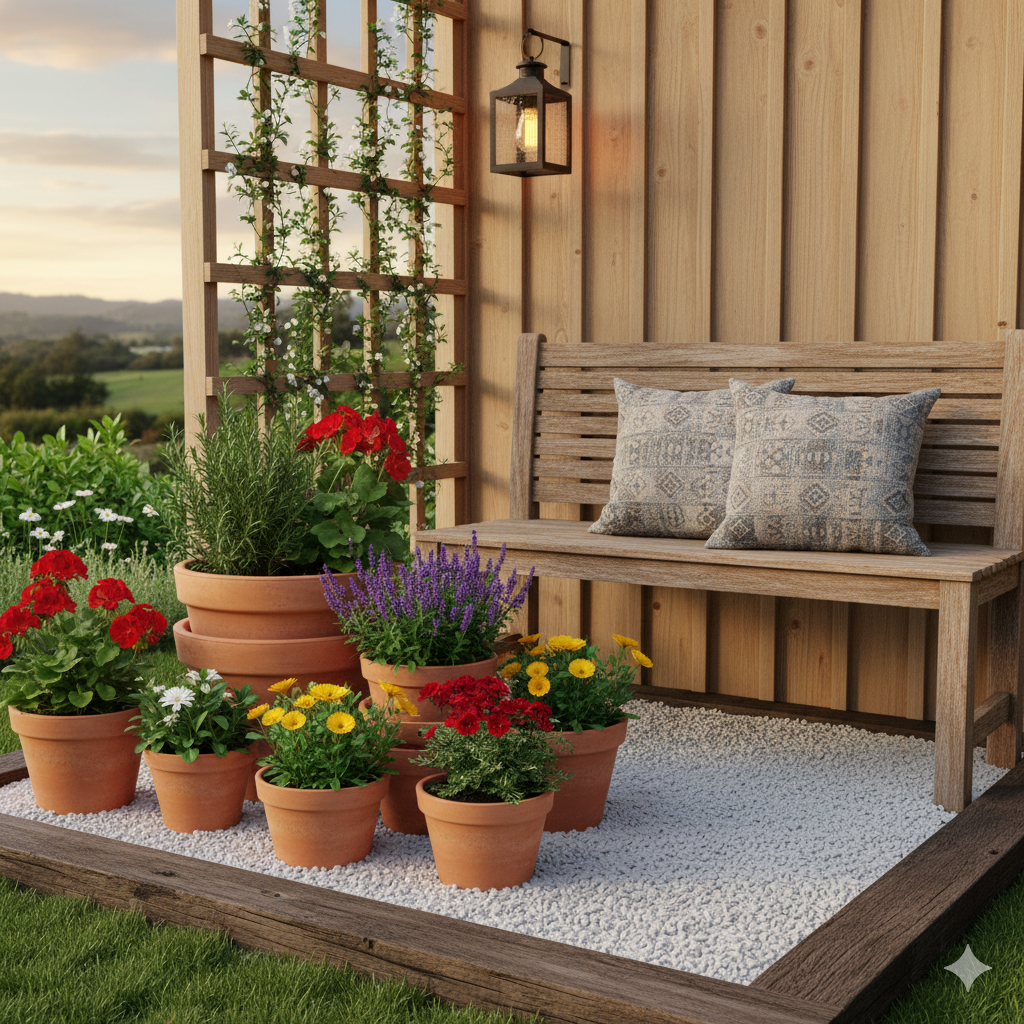 A small patio corner filled with layered terracotta pots of herbs and flowers, surrounded by white gravel and a rustic wooden bench for seating.