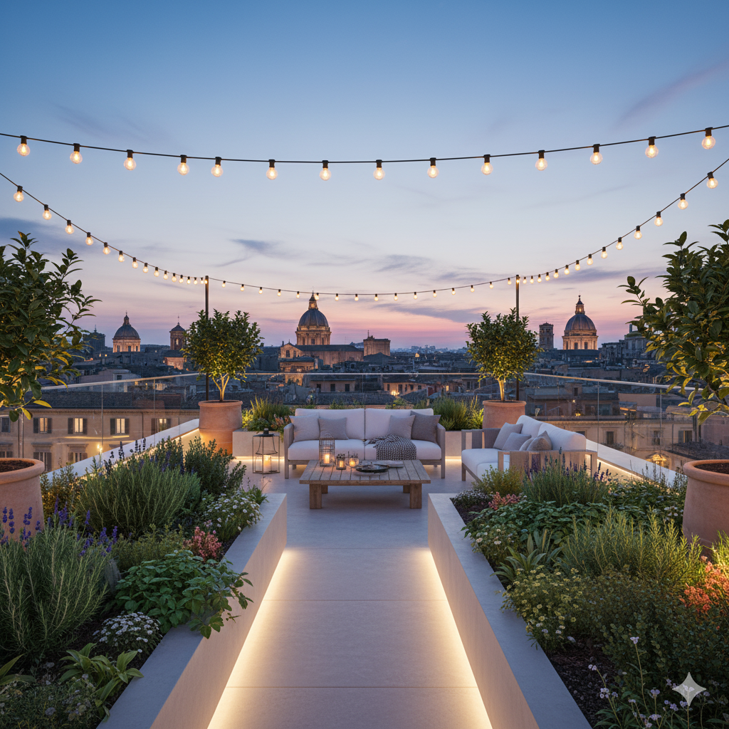A lush rooftop garden with raised planters, cozy outdoor seating, and string lights, surrounded by herbs, ferns, and small flowering plants overlooking the city.