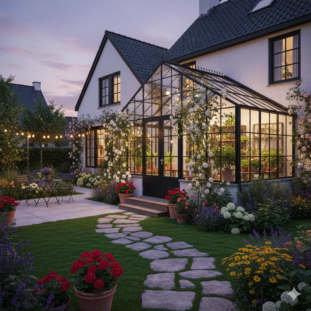 A cozy glass garden house surrounded by roses and climbing ivy, with a stone path leading to its wooden steps and a small bistro set outside under string lights.