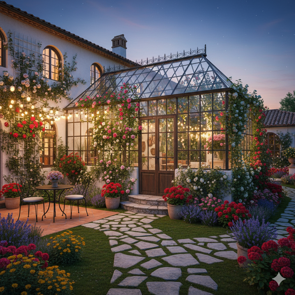 A cozy glass garden house surrounded by roses and climbing ivy, with a stone path leading to its wooden steps and a small bistro set outside under string lights.