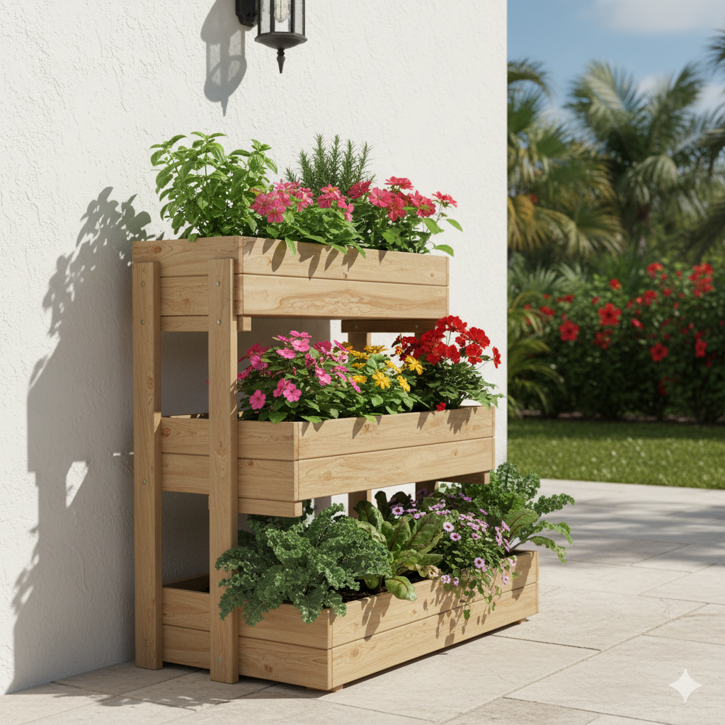 A tiered wooden planter filled with herbs, flowers, and greens, standing against a white garden wall with sunlight casting gentle shadows.