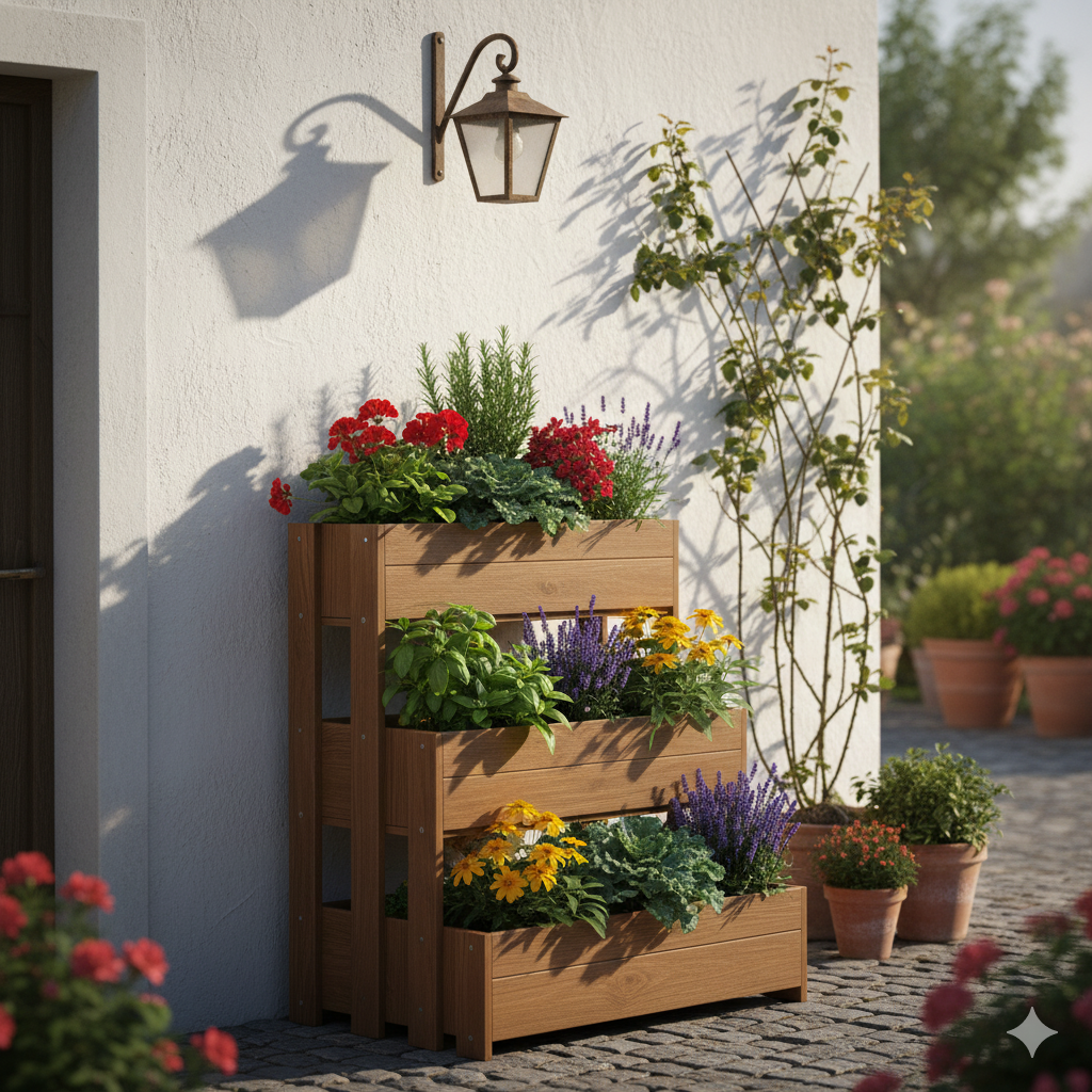 A tiered wooden planter filled with herbs, flowers, and greens, standing against a white garden wall with sunlight casting gentle shadows.