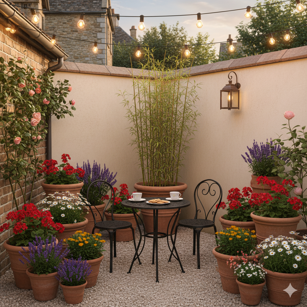 A cozy patio corner with gravel flooring, a bistro table, a potted bamboo screen, and layers of flowering pots creating a calm retreat.