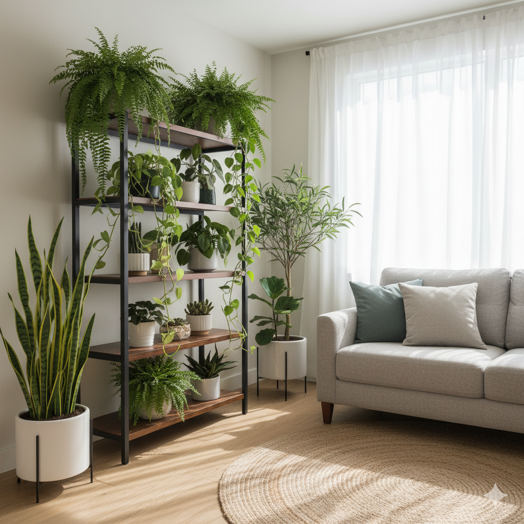 A bright living room with various indoor plants — ferns, pothos, and a snake plant arranged on shelves, beside a sunny window.