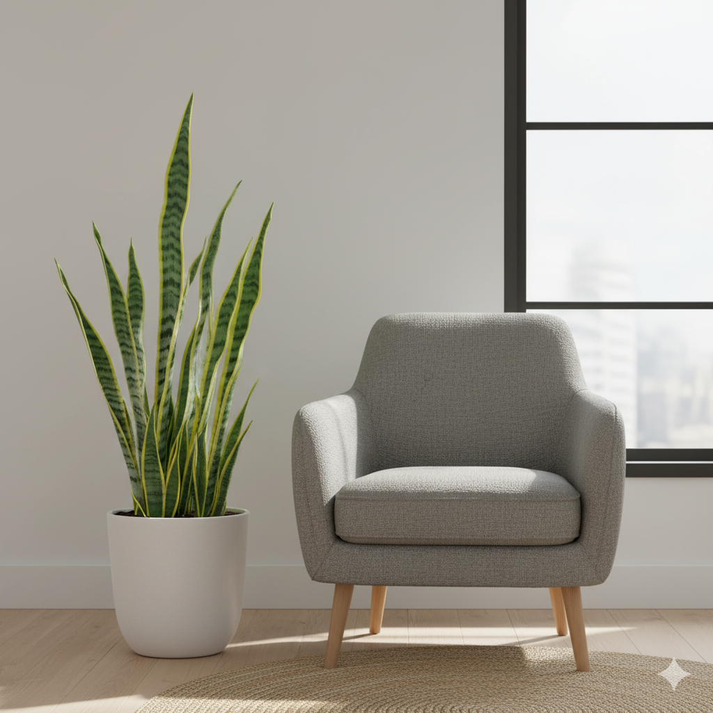 A tall Snake Plant with golden-edged leaves standing beside a gray armchair near a bright window.
