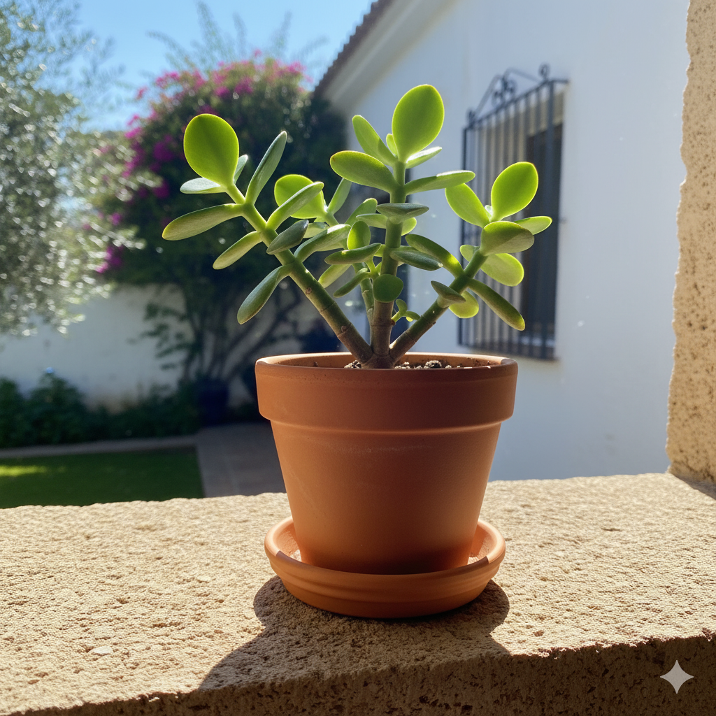 A small Jade Plant in a terracotta pot on a sunny window ledge, its plump leaves glowing under the light