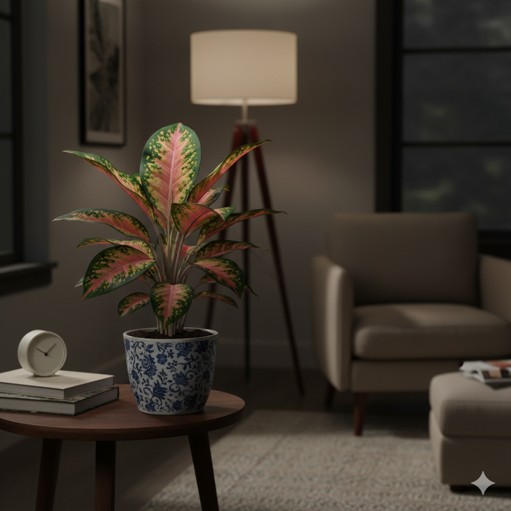 A Chinese Evergreen in a decorative ceramic pot, its pink-and-green leaves brightening a shaded corner of a room.