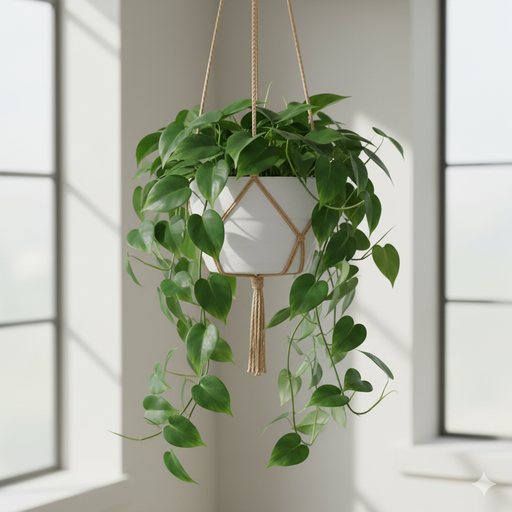 A Heartleaf Philodendron spilling from a white hanging pot, its deep green leaves cascading gracefully down.