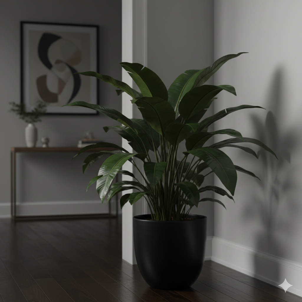 A large Cast Iron Plant in a black pot placed in a shaded hallway, its dark glossy leaves reflecting soft indoor light.