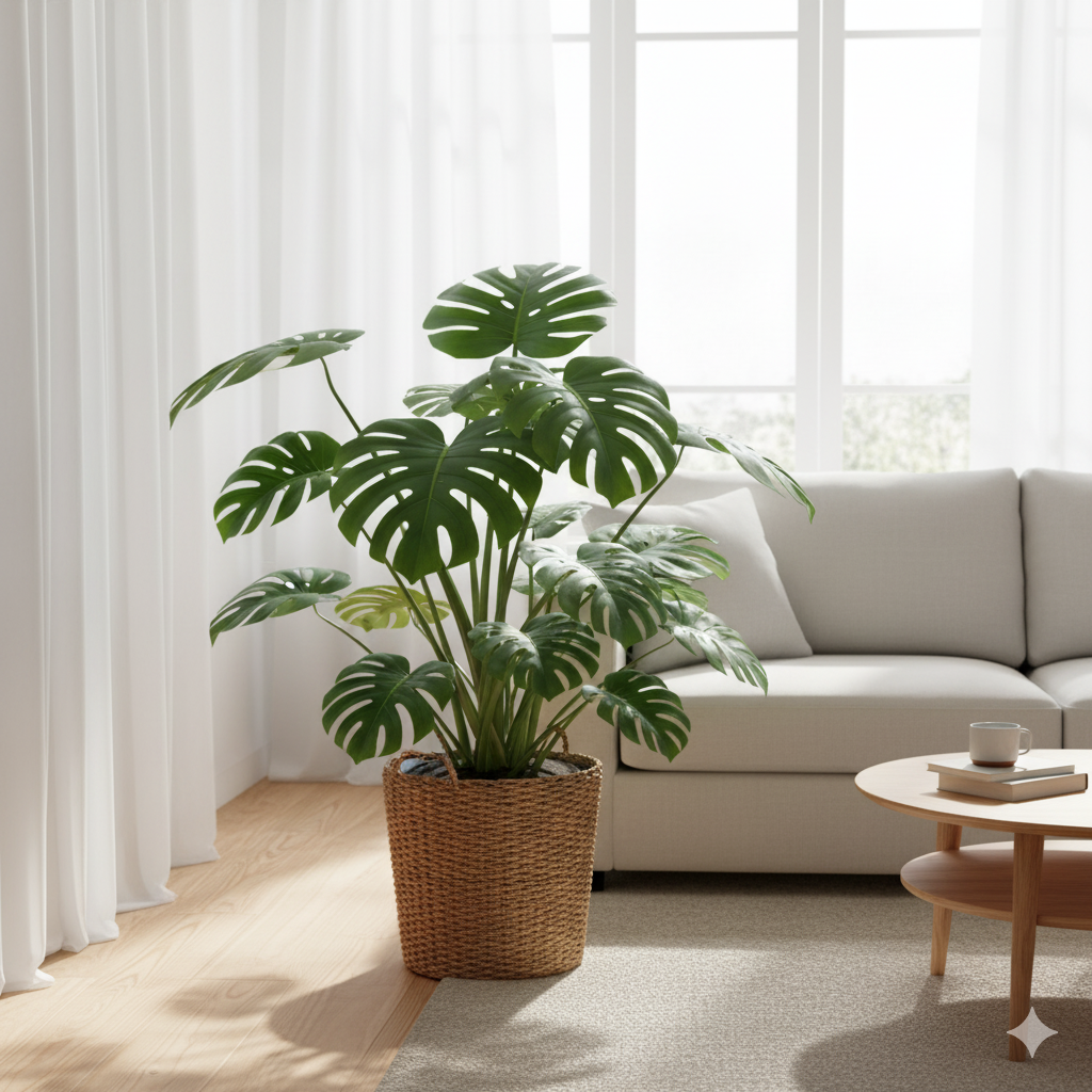 A large Monstera with split leaves in a wicker basket beside a window, bringing a tropical touch to a bright living room.