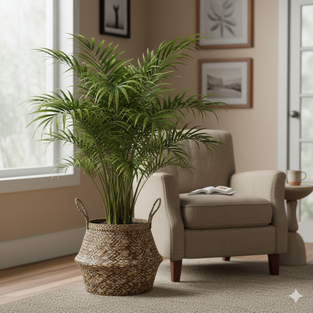 A Parlor Palm in a woven basket near a reading chair, its fine fronds arching gently under soft indoor light.