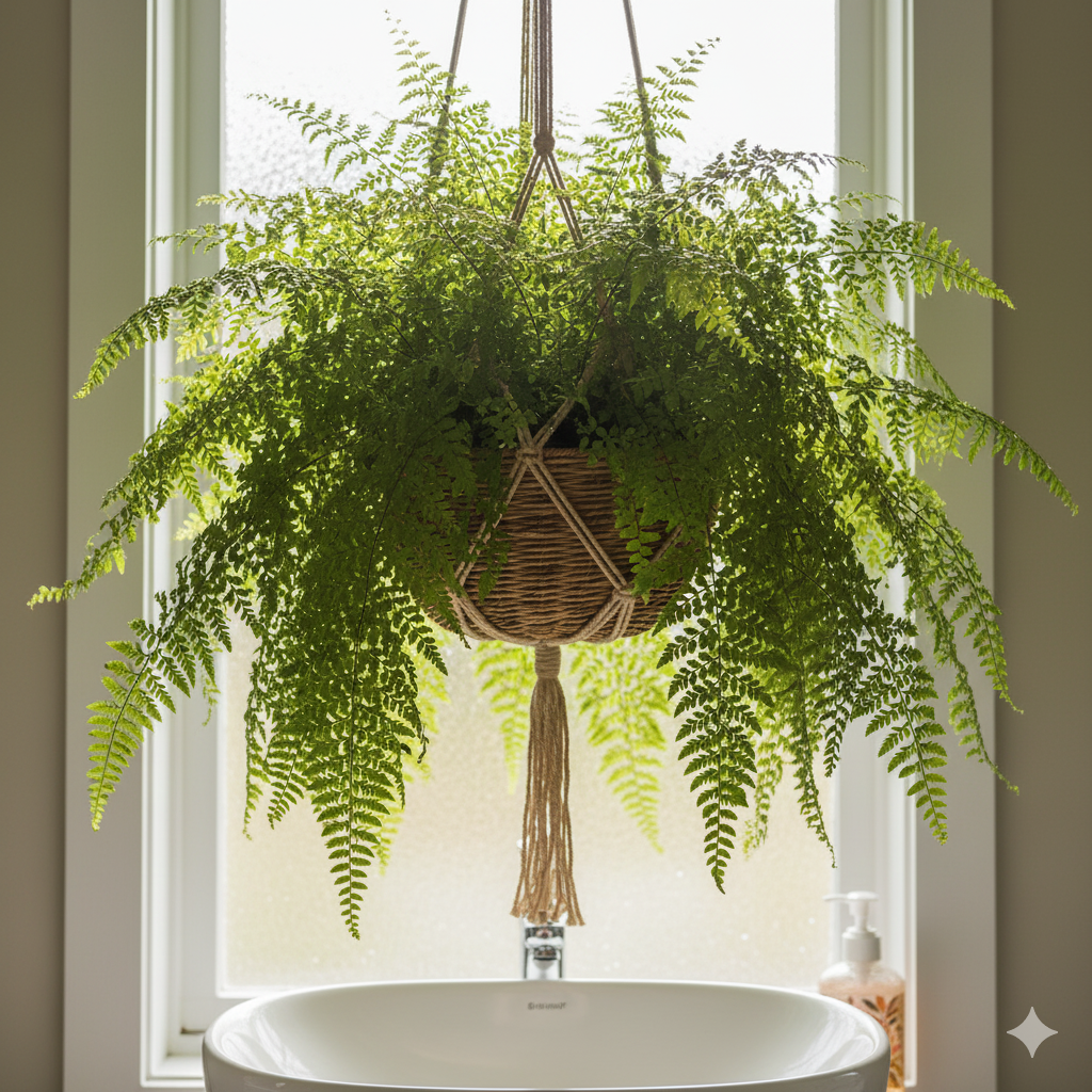 A lush Boston Fern in a woven hanging basket near a bright bathroom window, its fronds spilling down in layers of green.