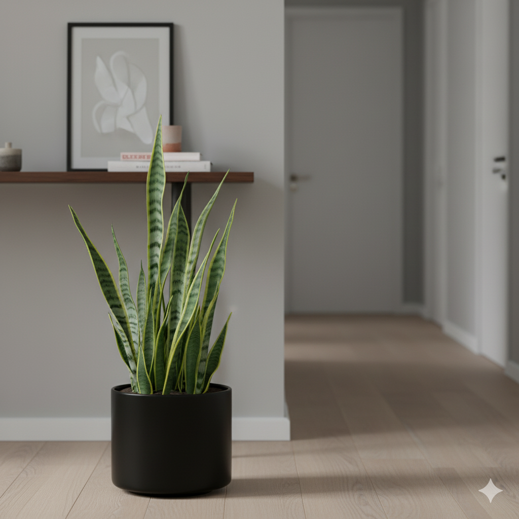 Image: A silvery-green Snake Plant ‘Moonshine’ in a matte black planter beside a hallway console table.