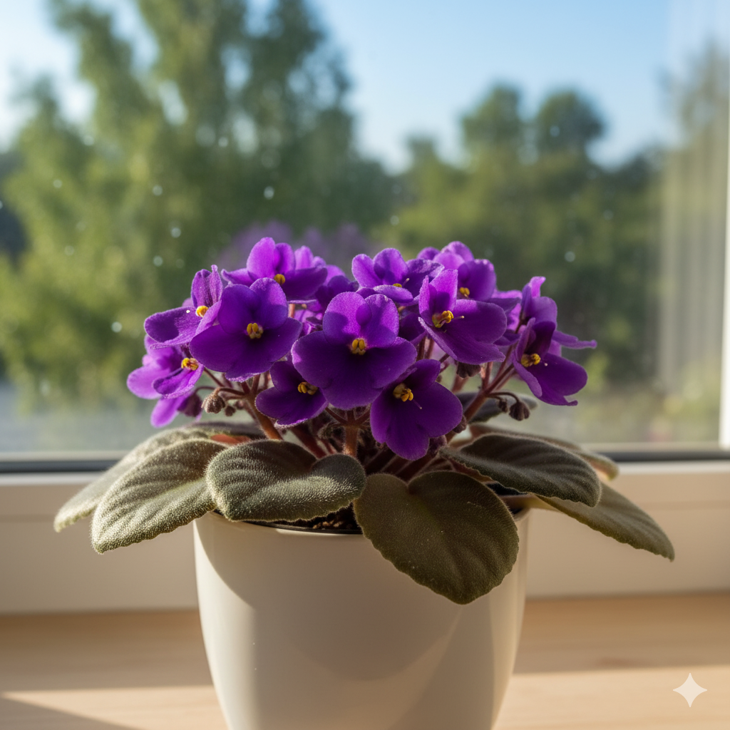 A blooming African Violet in a white ceramic pot, its purple flowers glowing under gentle morning light on a windowsill.