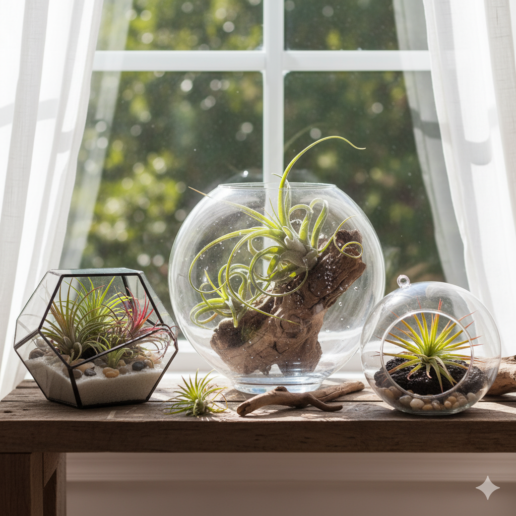 Several Air Plants arranged in glass terrariums, some mounted on driftwood with morning sunlight filtering through.
