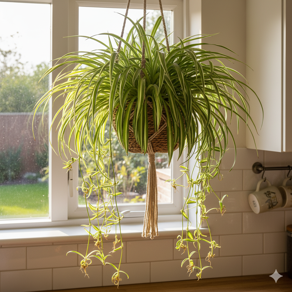 A full, thriving Spider Plant in a hanging basket by a kitchen window, with baby offshoots dangling below.